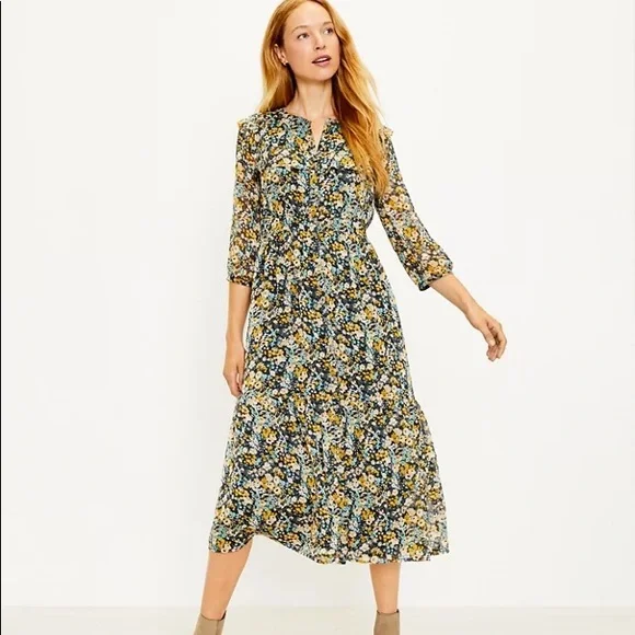 NWT Loft Floral Ruffle Midi Shirtdress - Picture 1 of 11